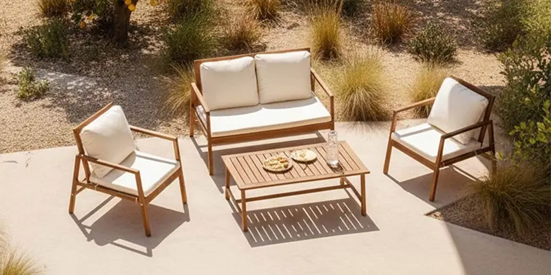 Niedrige Gartenmöbel mit Sofa, Sesseln und Holzcouchtisch